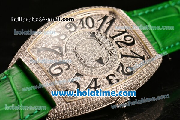 Franck Muller Cintree Curvex Swiss Quartz Steel/Diamonds Case with Diamonds Dial Numeral Markers and Green Leather Strap - Click Image to Close